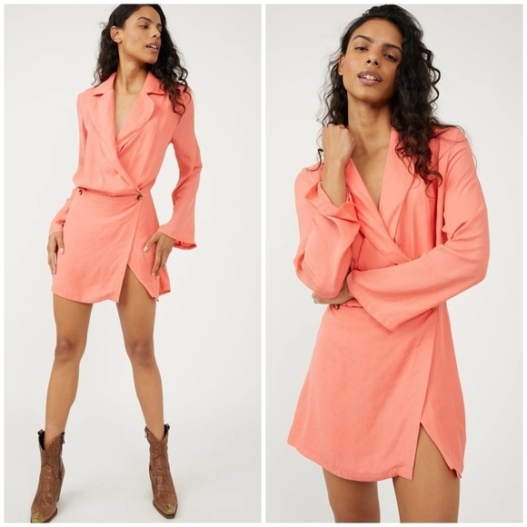 Free People Simone Wrap Mini Dress Long Sleeve Lipgloss Orange color Sz XS NWT - Picture 1 of 9
